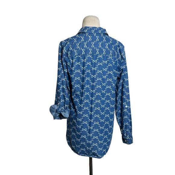 Kim Rogers blue chambray bow ribbon print button shirt size small - Picture 2 of 7